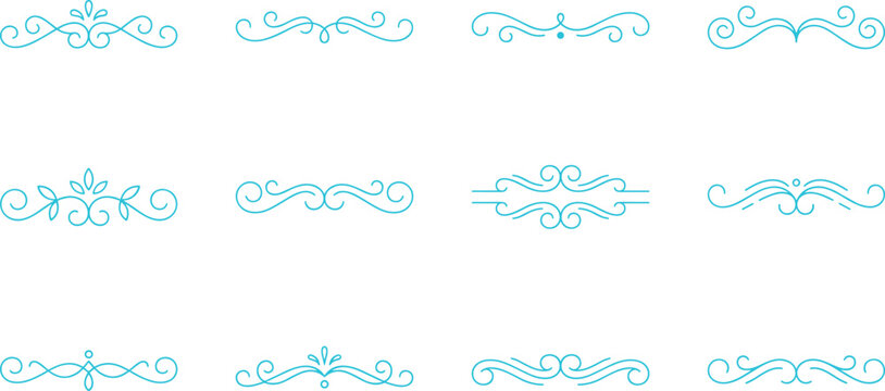 Set of turquoise calligraphic design elements and decorative dividers for document page decoration.