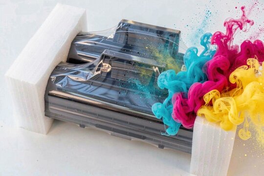 Vibrant CMY ink explosion bursts from new printer cartridge packaging