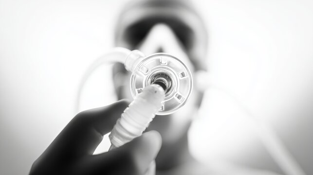 Clinician hand squeezing bag valve mask components and oxygen tubing with sharply defined translucent airflow parts