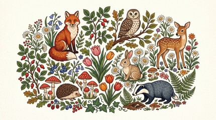 Obraz premium Woodland animals illustration with deer, fox, bear, rabbit, squirrel, owl, and wildflower background for forest nursery art, cottagecore decor, book page, and vector design.