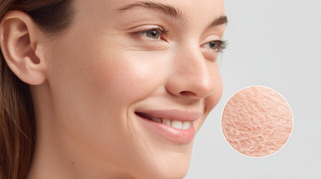 Adult woman smiling softly with a magnified circular macro inset highlighting enlarged skin pores and texture