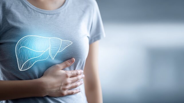 Woman touching abdomen with glowing holographic liver projection indicating hepatic health and clinical diagnosis