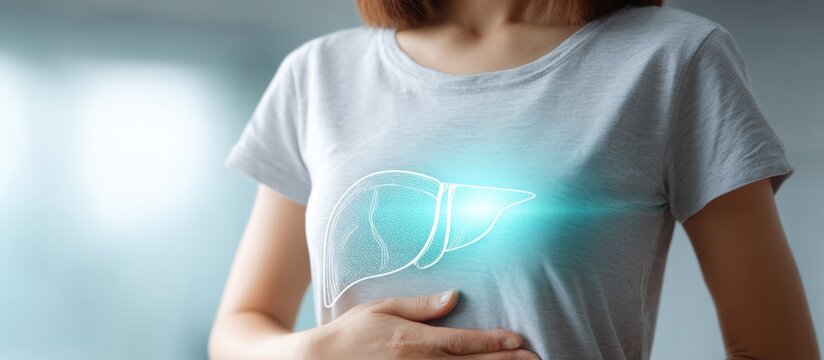 Woman touching abdomen with glowing holographic liver outline representing hepatic health and clinical diagnosis