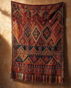 Handwoven Moroccan Berber rug with traditional geometric patterns hanging on a textured wall.
