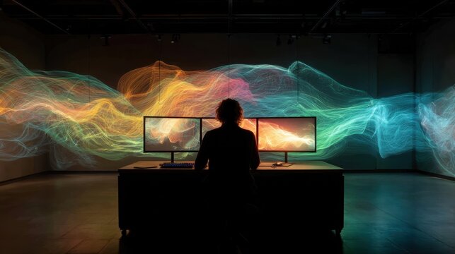 Stylus hovering above touchscreen polysomnography timeline displaying glowing neon abstract wave analytics