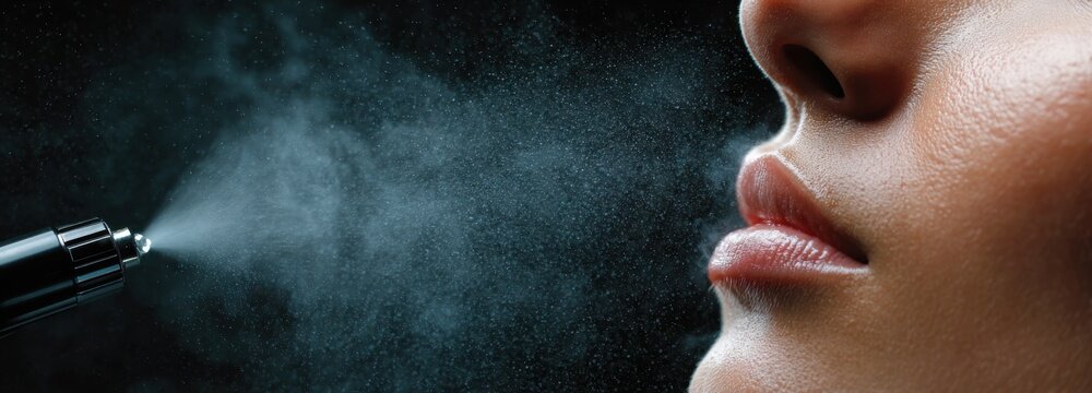Extreme close-up of medical cosmetology facial skin hydration procedure with atomized spray device and fine aerosol cloud