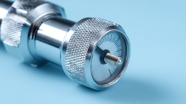 Macro view of chrome pneumatic pressure regulator valve with textured dial handle and precision indicator gauge