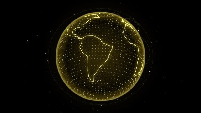 Digital gold hologram globe rotating on black background for global business technology.