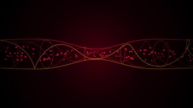 Red blood cells flowing through abstract narrow vessel with glowing dna strands concept.