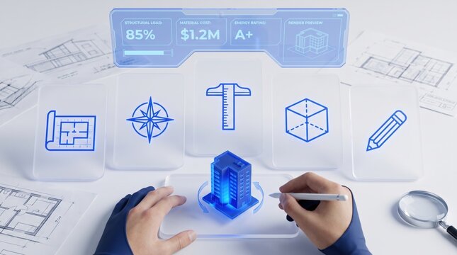 Hands interacting with architectural design overlay icons of floor plans, compasses, rulers, 3D cubes, and pencils while manipulating a holographic building model for urban planning