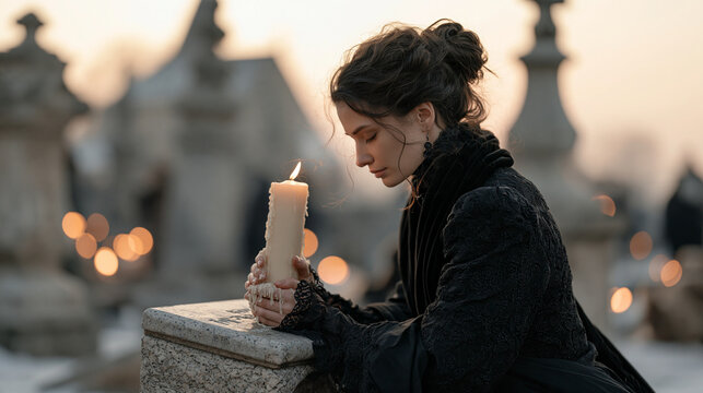 Grieving widow in traditional mourning dress kneeling beside a stone grave marker in an old cemetery at dusk, both hands cradling a tall pillar candle, wax dripping across her