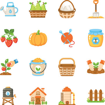 Flat farm icons featuring baskets, crops, gardening tools, honey, fruit picking, planting, water storage, farmhouse structures, grain storage. 