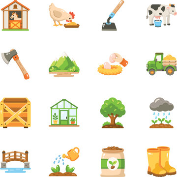 Flat rural icons featuring stable life, dairy farming, harvesting, greenhouse gardening, weather, planting, farm footwear, agricultural equipment. 