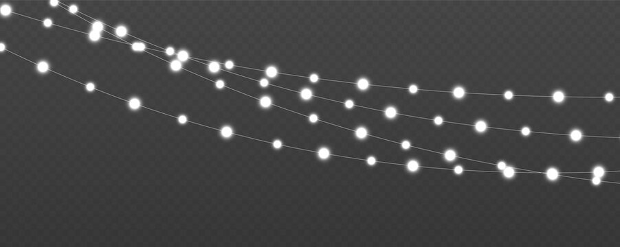 Delicate glowing white orbs connected by thin lines form a web-like structure. The lights vary in intensity and create an ethereal, floating effect. This image is ideal for technology or.