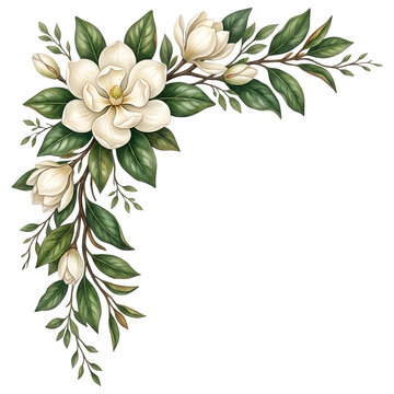 Vintage White Magnolia Corner Border Arrangement on Black Background