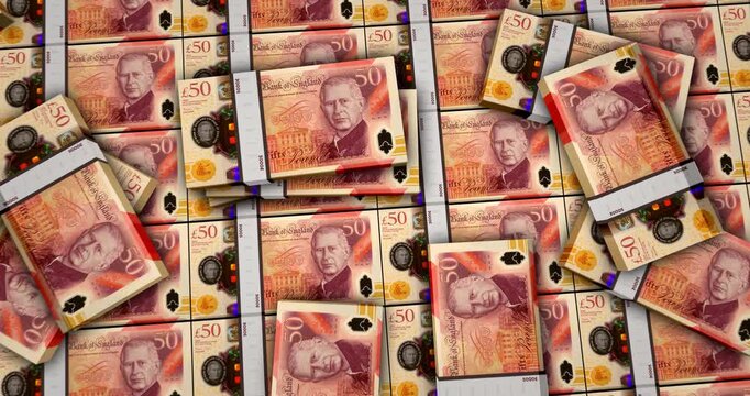 Great Britain pound sterling english money banknotes 3d animation. UK 50 GBP packs concept of inflation, economy, crisis, business, banking, debt and finance.