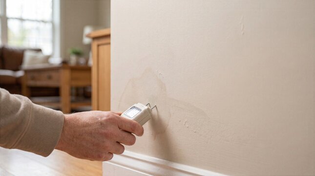 Testing damp wall with digital moisture meter