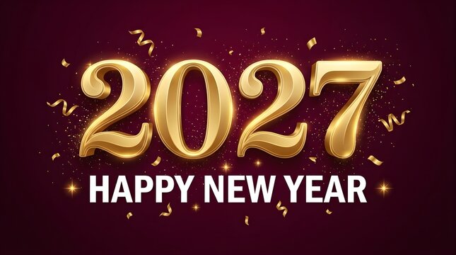 Shiny gold 2027 numbers with happy new year text and falling confetti on a dark red background for a festive holiday celebration greeting card design and winter party social media post