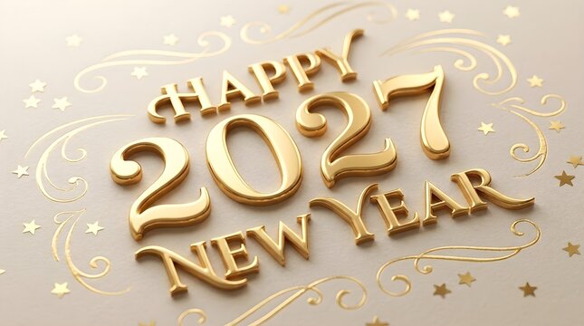 Shiny gold 3d text reading happy new year 2027 with decorative stars and festive elements for a bright holiday celebration card design on a soft light grey background surface