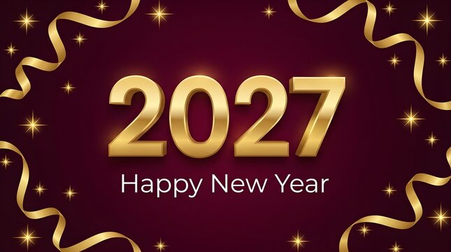 Happy new year 2027 greeting card design with golden numbers and sparkling stars on a dark red festive background with decorative ribbons for a beautiful holiday celebration banner