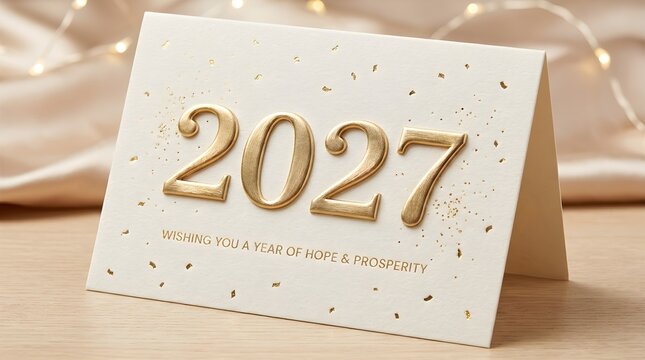 A festive greeting card for the year 2027 with shiny gold numbers and a message of hope and prosperity on a table with warm soft bokeh lights in the background for celebration