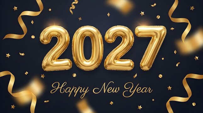 Shiny gold balloon numbers 2027 with festive ribbons and confetti on a dark background for a happy new year celebration greeting card design