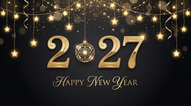 Shiny gold 2027 happy new year text design with glowing star lights and festive decorations on a dark background for celebration greeting cards and holiday party event posters
