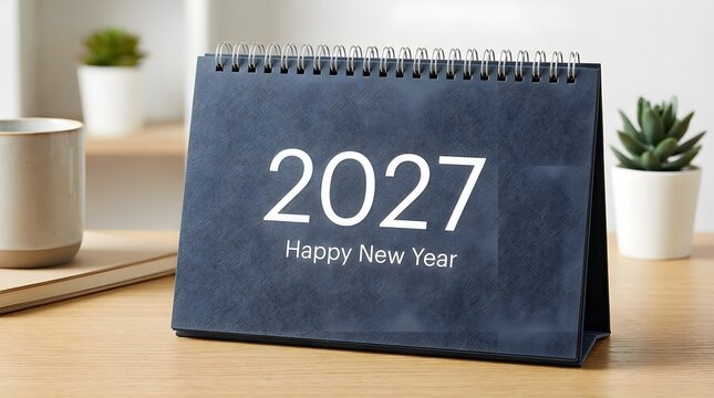 Black desk calendar for the year 2027 with happy new year text standing on a wooden table in a bright modern office with small green plants in the background for business planning