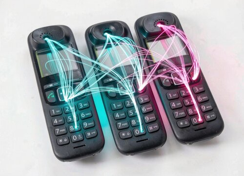Glowing Data Lines Connecting Three Vintage Cordless Phones Representing Communication Network
