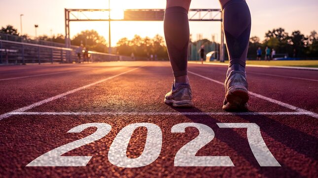 Runner feet standing on a running track with the number 2021 painted on the ground at sunset for a new year motivation concept and sports goal achievement in a park setting