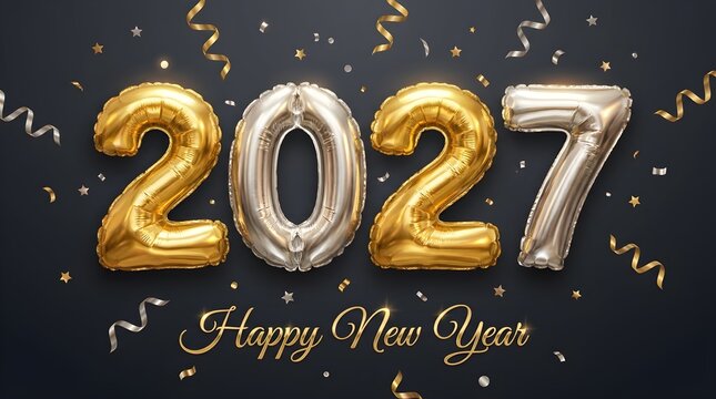 Shiny gold and silver 2027 balloons with falling confetti for a festive happy new year celebration on a dark background