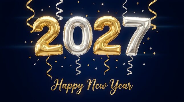 Shiny gold and silver 2027 number balloons with ribbons and confetti on a dark blue background to celebrate the upcoming happy new year party event with festive decorations and stars