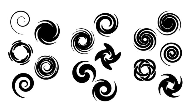 Black abstract spiral motifs and swirling vortex shapes minimalist vector set