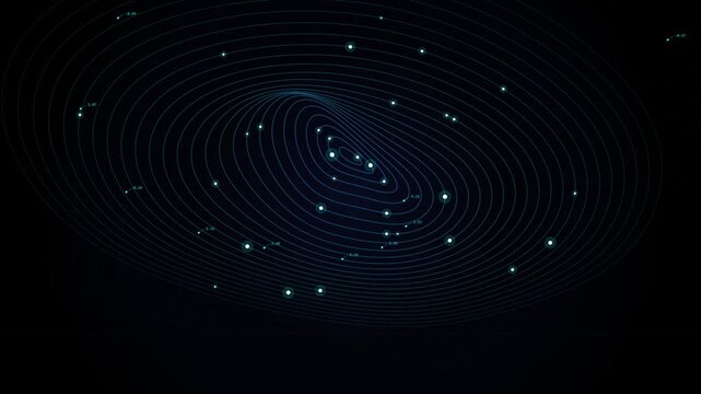 Abstract gravity well simulation with blue neon grid lines and data on black background.
