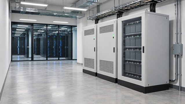 Backup Battery Cabinets Beside a Data Center Server Room