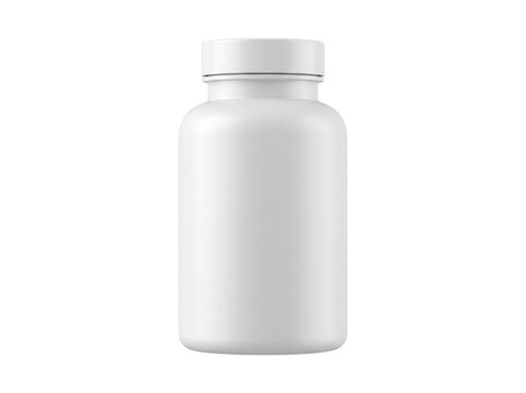 White plastic supplement bottle mockup, blank medicine jar for vitamins, matte pharmaceutical container on white background