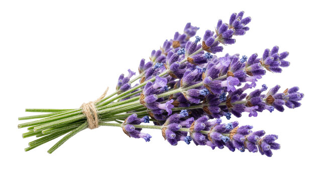 Bundle of fresh purple lavender flowers tied with twine, isolated on transparent background