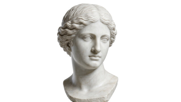 Classical marble bust of a woman with wavy hair, isolated on transparent background
