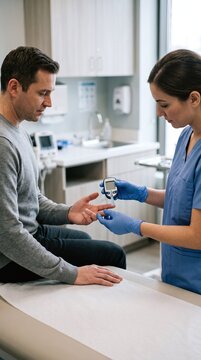 A nurse performs a blood glucose test on a male patient in a doctor's examination room