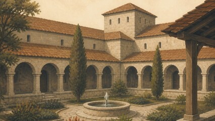 Obraz premium Medieval Cloister in Parchment-Toned Gouache Style