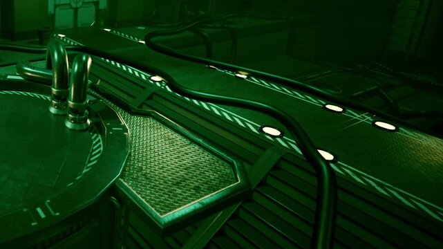 In a dimly lit control room, cables are seen extending along a patterned surface. Controls and equipment are present in the background, creating a high tech atmosphere.