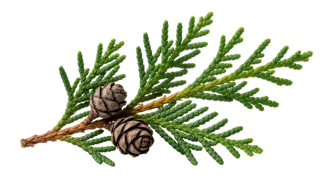 Green cedar branch with two small brown cones, isolated on transparent background