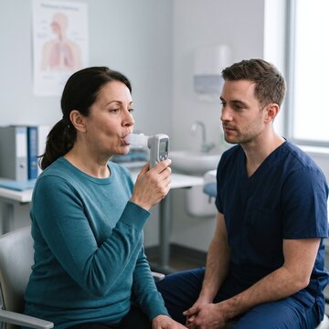Patient using a portable spirometer device with a doctor observing in a clinic room