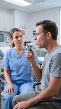 Doctor observes patient using a spirometer for lung function test in a medical office setting