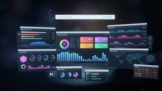 Floating analytics dashboard panels with donut chart, world map and rising data graphs