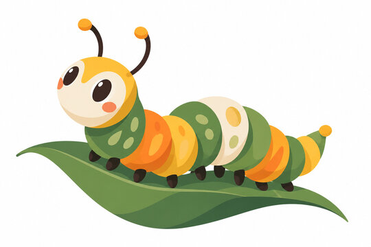 Colorful Cute Caterpillar on Green Leaf Vector Illustration