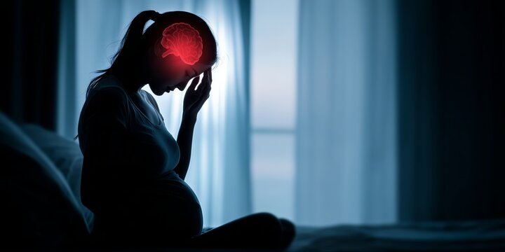 Pregnant woman sitting on bed holding head with glowing red brain graphic symbolizing mental health or stress.