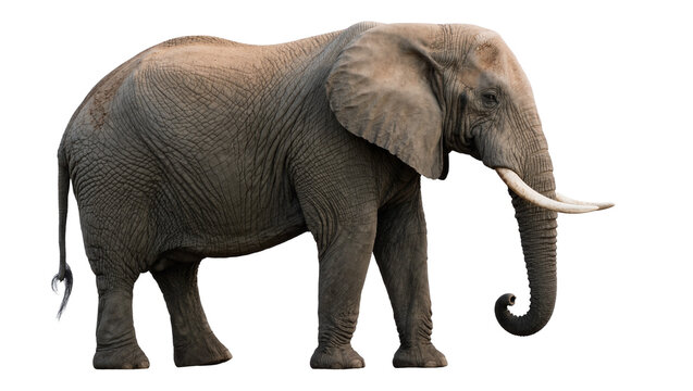 African elephant with large tusks and wrinkled grey skin, isolated on transparent background