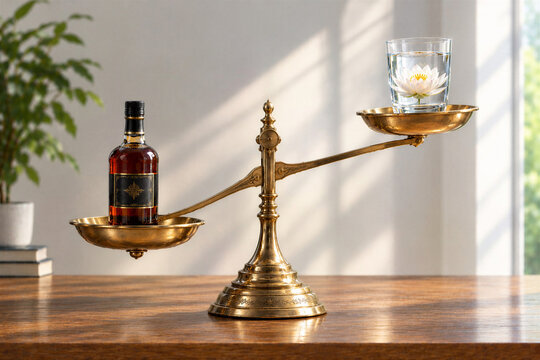 Vintage brass scale with whiskey bottle and glass in a bright room  