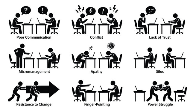 Professional business office teamwork vector illustration showing diverse negative workplace behaviors including conflict micromanagement lack of trust and communication issues daily